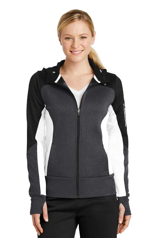 Sport-Tek LST245 Ladies Tech Fleece Colorblock Full-Zip Hooded Jacket - Black Graphite Heather White Collared Jacket Crew Neck Jacket Turtle Neck Jacket Sport-Tek LST245 Ladies Tech Fleece Colorblock Full-Zip Hooded Jacket - Black Graphite Heather White Collared Jacket Crew Neck Jacket Turtle Neck Jacket
