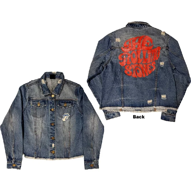 The Rolling Stones Script Ladies Denim Jacket Notch Collar Peter Pan Collar Cowl Neck The Rolling Stones Script Ladies Denim Jacket Notch Collar Peter Pan Collar Cowl Neck