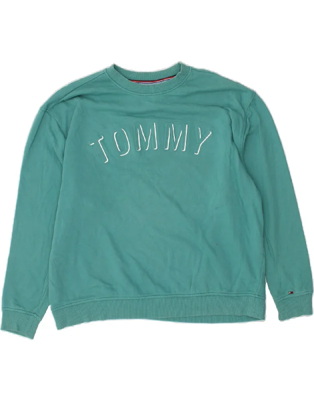TOMMY HILFIGER Womens Oversized Sweatshirt Jumper UK 14 Medium Turquoise Hoodie with Cuffed Sleeves Snug Secure TOMMY HILFIGER Womens Oversized Sweatshirt Jumper UK 14 Medium Turquoise Hoodie with Cuffed Sleeves Snug Secure