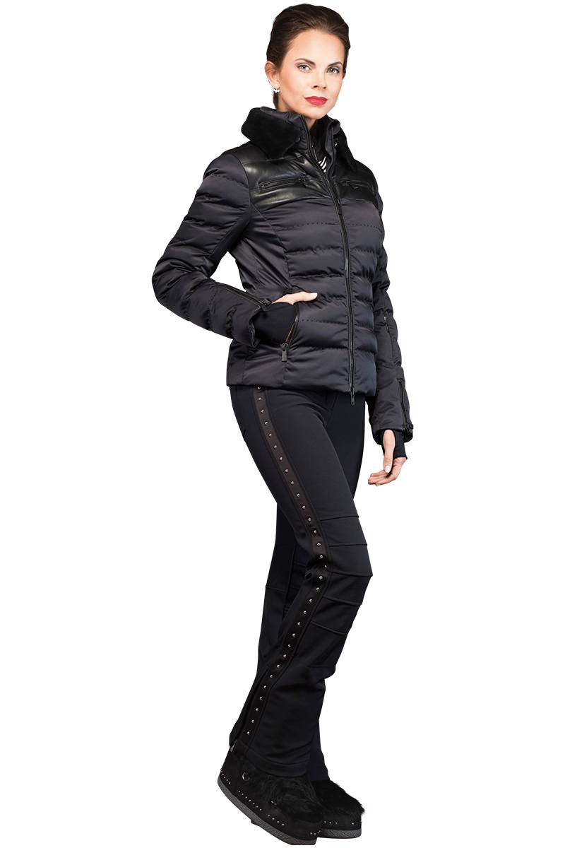 Rhea Ski Jacket with Leather Panels and Lamb Collar