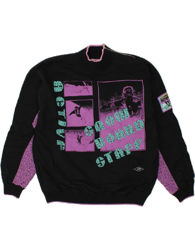 VINTAGE Womens Graphic Zip Neck Sweatshirt Jumper UK 14 Medium Black Hoodie with Raw Hem Edgy Unfinished VINTAGE Womens Graphic Zip Neck Sweatshirt Jumper UK 14 Medium Black Hoodie with Raw Hem Edgy Unfinished