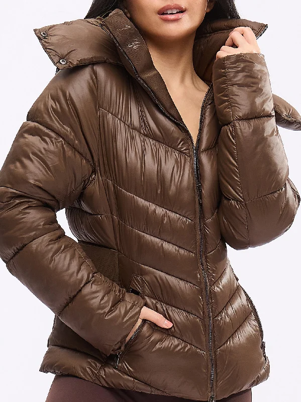 Waist Taper Puffer Jacket - Dark Brown One-Shoulder Jacket Off-the-Shoulder Jacket Asymmetrical Jacket Waist Taper Puffer Jacket - Dark Brown One-Shoulder Jacket Off-the-Shoulder Jacket Asymmetrical Jacket