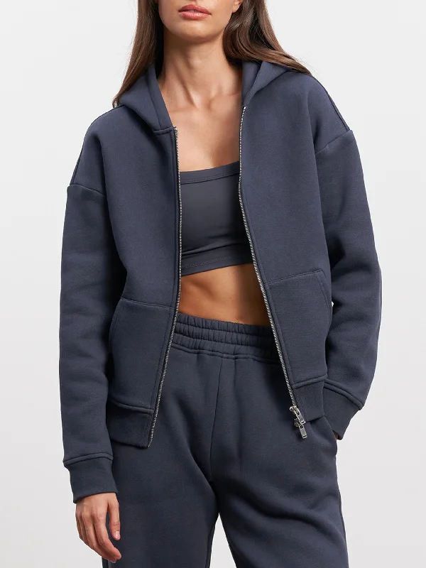 Womens Relaxed Zip Hoodie in Slate Blue Hoodie with Hem Elastic Stretchable Comfortable Womens Relaxed Zip Hoodie in Slate Blue Hoodie with Hem Elastic Stretchable Comfortable