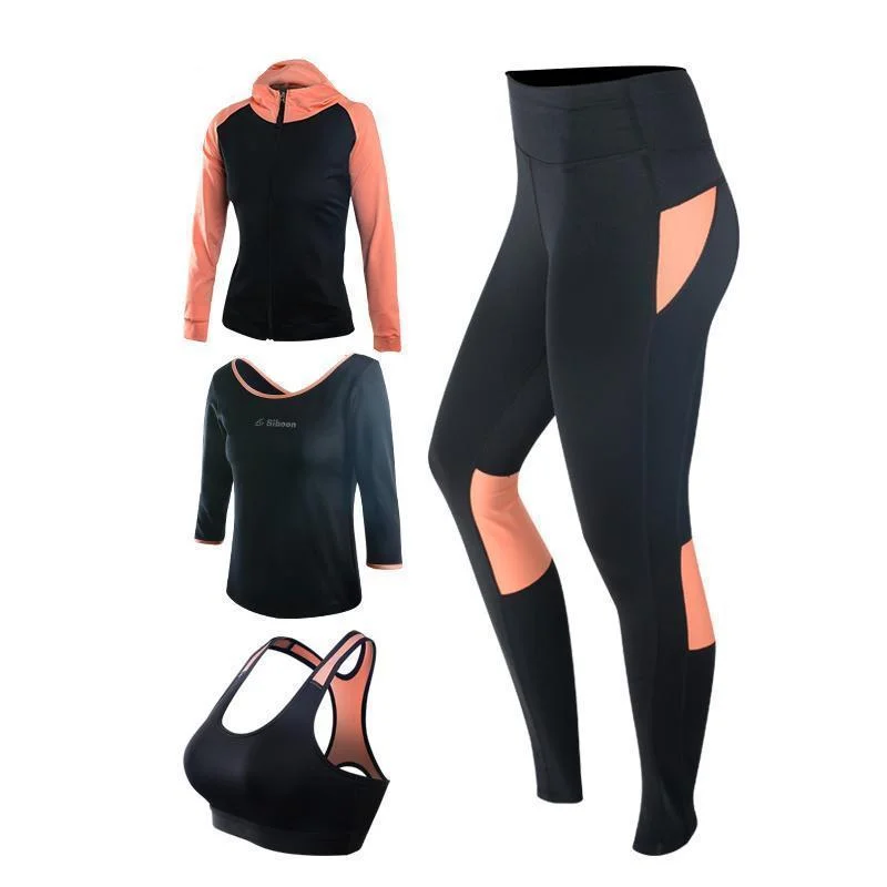 4 Piece Workout Set - Black Sport Bra,Running Pants, Long Sleeve Shirt, & Jacket