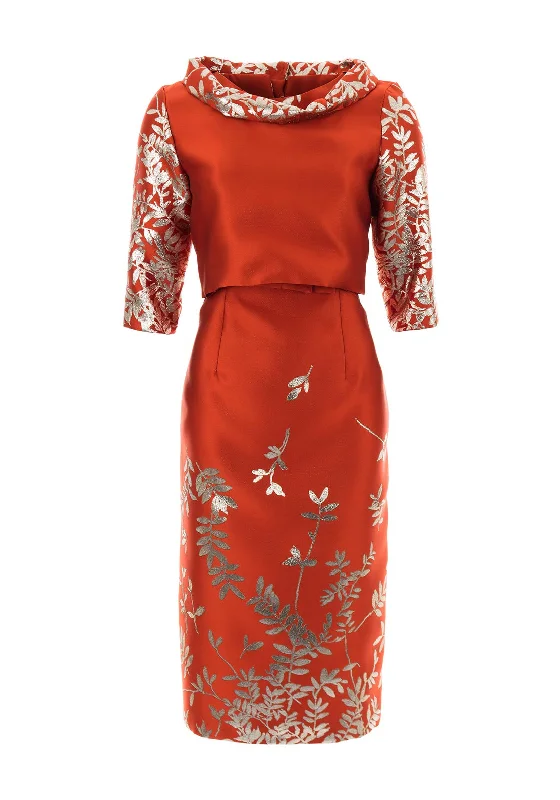 Fely Campo Metallic Leaf Dress & Jacket, Burnt Orange