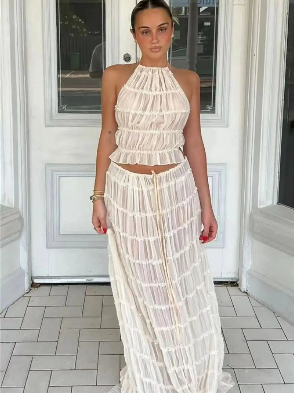 Fashion Halter Neck Long Skirt Suit Women Backless Sling Top Lace Up Fold Maxi Skirts New Summer Female 2 Piece Set Outfits velvet skirt rich Fashion Halter Neck Long Skirt Suit Women Backless Sling Top Lace Up Fold Maxi Skirts New Summer Female 2 Piece Set Outfits velvet skirt rich