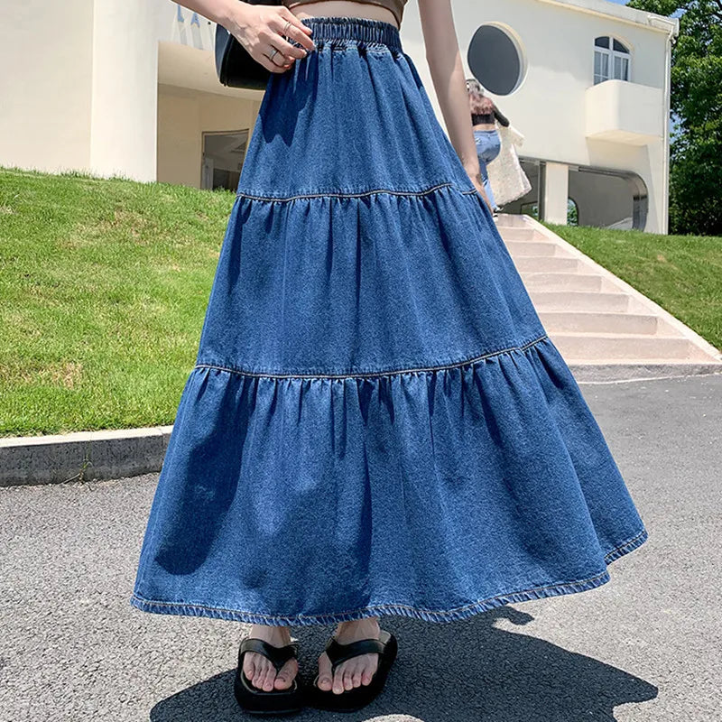 Maxi Long Skirts Women Spring Summer Elastic High Waist Jean Skirt Ladies Splicing A-Line Ruffle Pleated Denim Skirt Plus Size velvet skirt luxurious Maxi Long Skirts Women Spring Summer Elastic High Waist Jean Skirt Ladies Splicing A-Line Ruffle Pleated Denim Skirt Plus Size velvet skirt luxurious