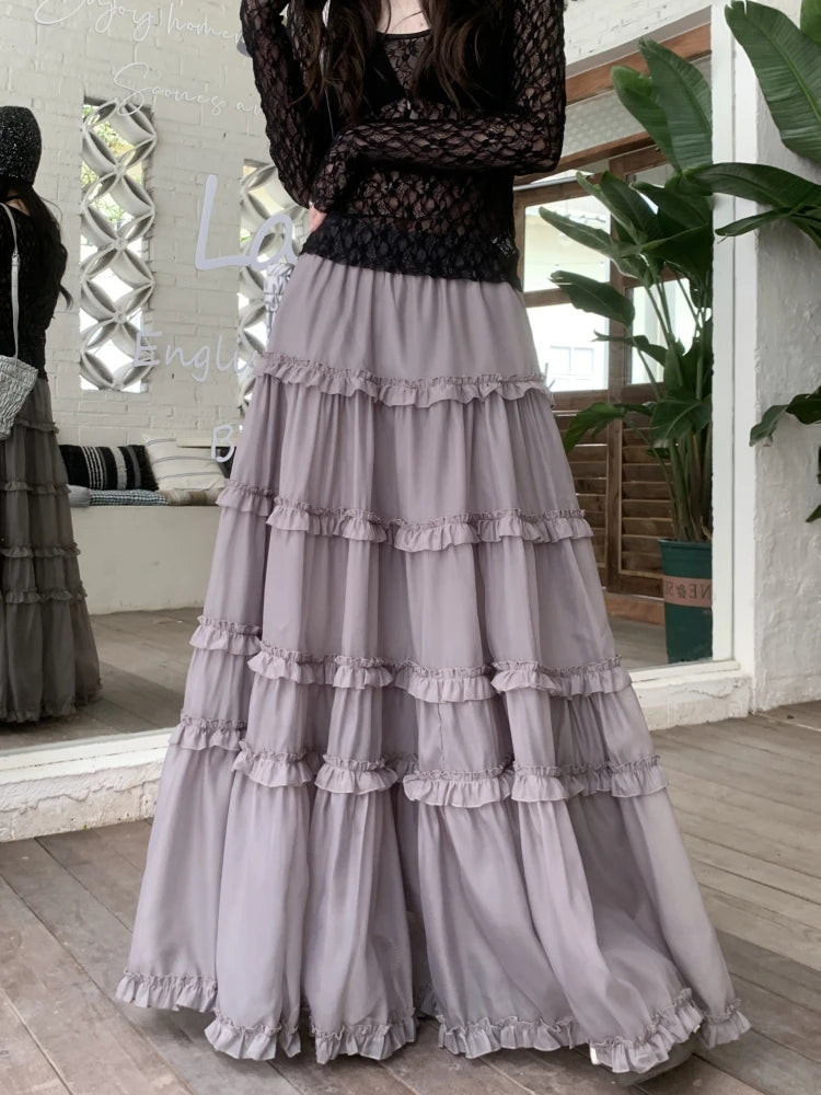 Mid Long Skirt Women Chiffon Skirt Goth Lolita Spring Summer High Waisted High Low Ruched Ruffle Pleated Maxi Skirts rok linen skirt natural Mid Long Skirt Women Chiffon Skirt Goth Lolita Spring Summer High Waisted High Low Ruched Ruffle Pleated Maxi Skirts rok linen skirt natural