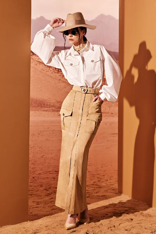 Poplin shirt paired with long skirt