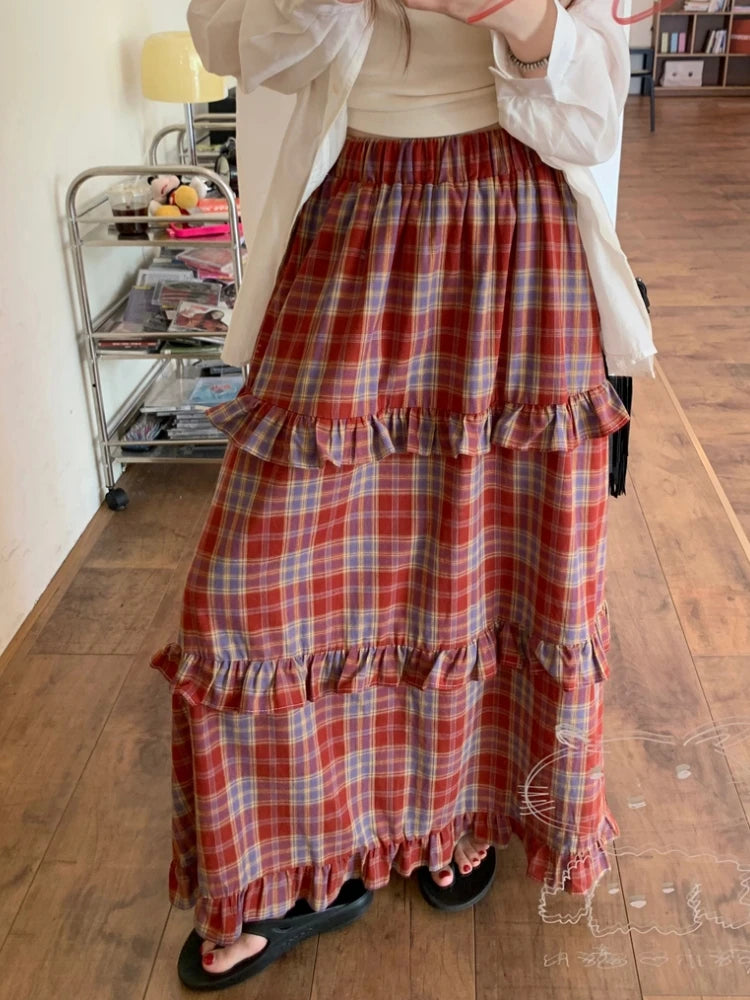 Midi Long Skirts Womens Maxi Skirt Goth Lolita Spring Summer High Waist High Low Ruched Ruffle Red Plaid Skirt rok silk skirt lustrous Midi Long Skirts Womens Maxi Skirt Goth Lolita Spring Summer High Waist High Low Ruched Ruffle Red Plaid Skirt rok silk skirt lustrous