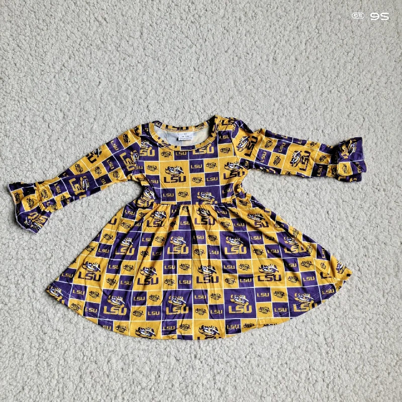 RTS NO MOQ SALES G4-12-5/. LSU purple and yellow plaid long-sleeved skirt