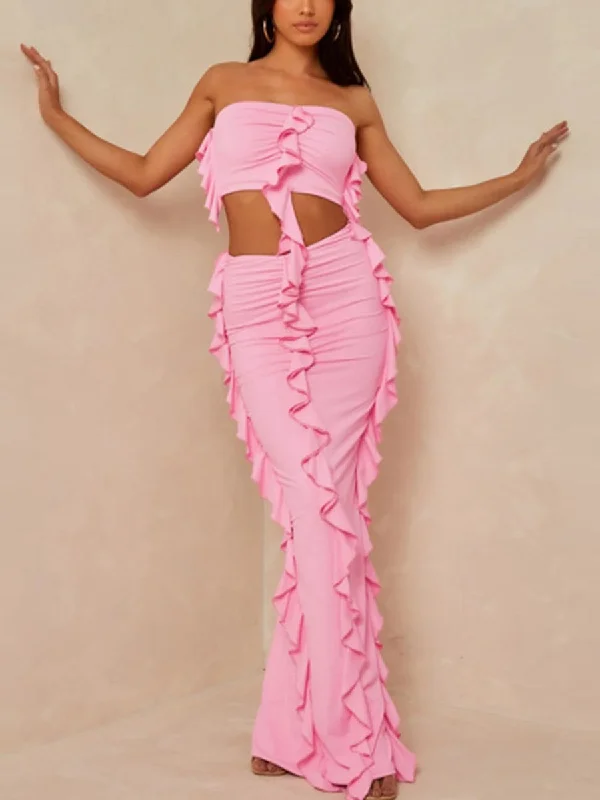 Ruffled Fringe Decor Bandeau Top and Maxi Skirt Two Piece Set