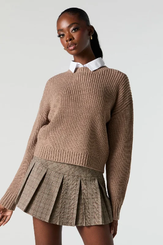 Solid Ribbed Knit Crewneck Skimmer Sweater Anti-Pilling Anti-Shrink Durable