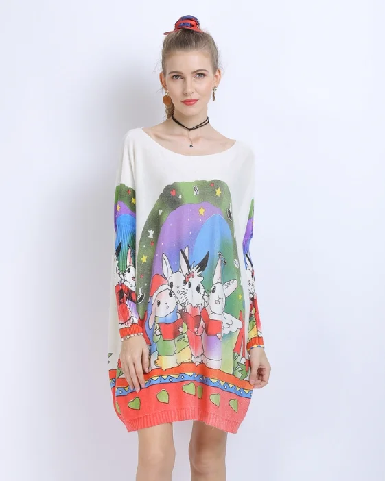 plus size sweater ladies one-word collar rabbit print sweater Transparent Opaque Sheer
