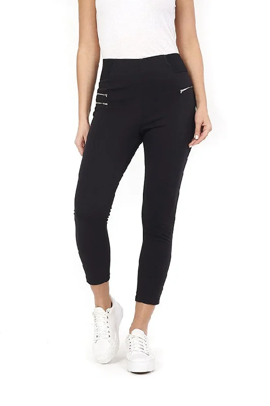 BLACK PANELLED DESIGN ZIP DETAIL LEGGINGS