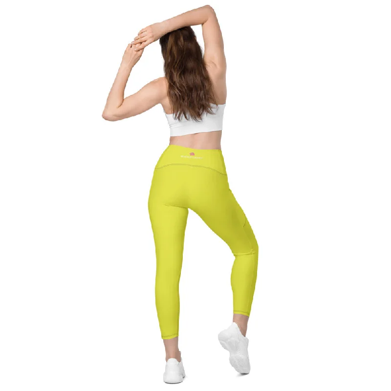 Bright Yellow Women's Tights, Best Solid Color Leggings For Women With 2 Side Pockets - Made in USA/EU/MX