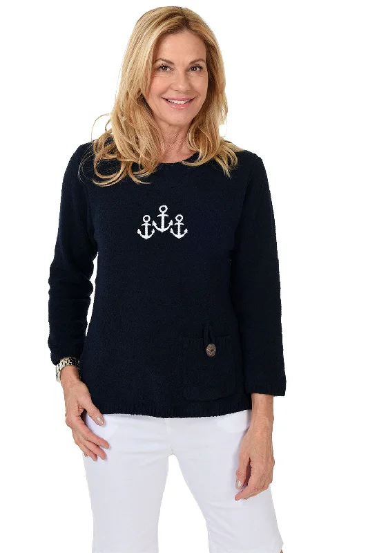 Navy Anchor Embroidered Chenille Sweater Zippered Front Buttoned Front Snap Front
