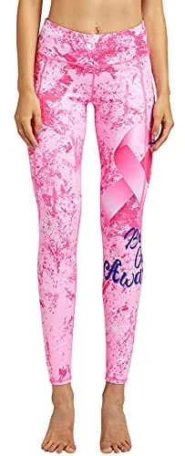 COOLOMG Women's Yoga Pants Printed Leggings Workout Running Tights with Side Pockets Light Pink S