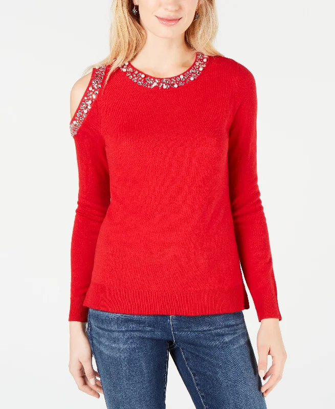 Embellished Cold Shoulder Sweater