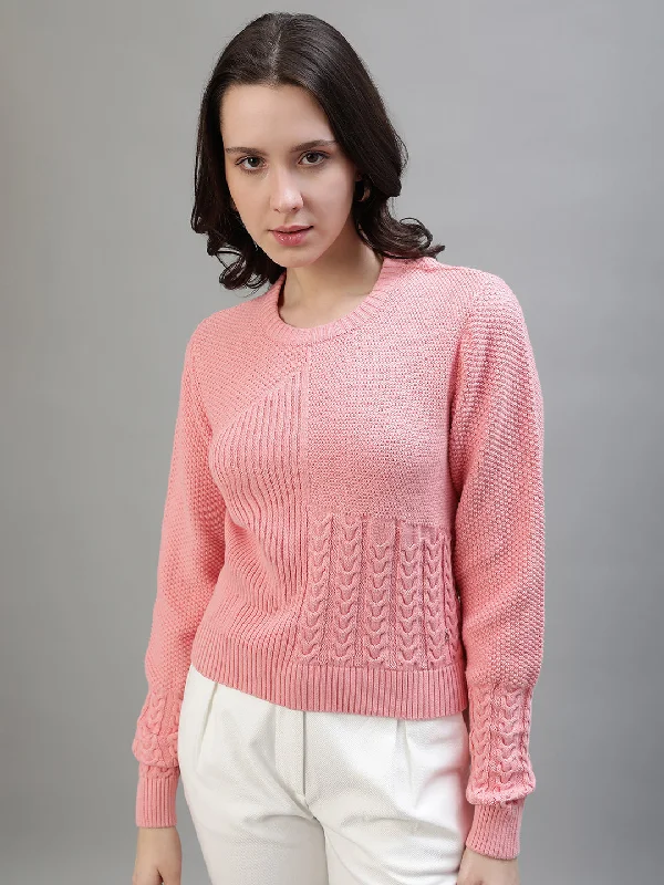 Iconic Women Pink Woven Round Neck Full Sleeves Sweater Chenille Brocade Lace