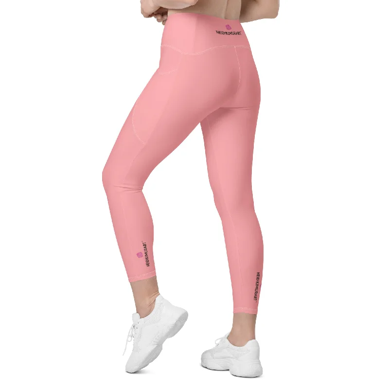 Light Pink Women's Tights, Best Solid Color Leggings For Women With 2 Side Pockets - Made in USA/EU/MX