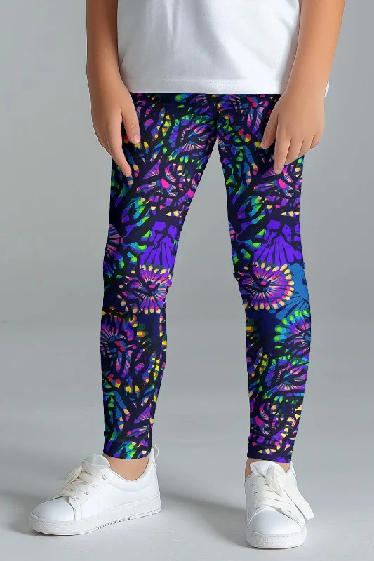 Midnight Glow Lucy Cute Purple Floral Print Leggings - Kids