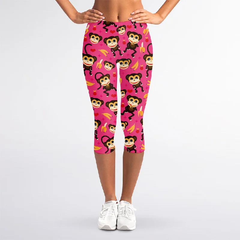 Monkey And Banana Pattern Print Women's Capri Leggings