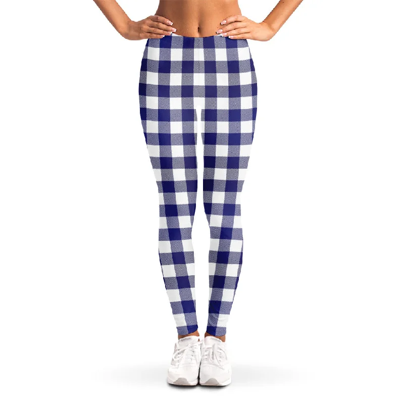 Navy And White Buffalo Check Print Women's Leggings