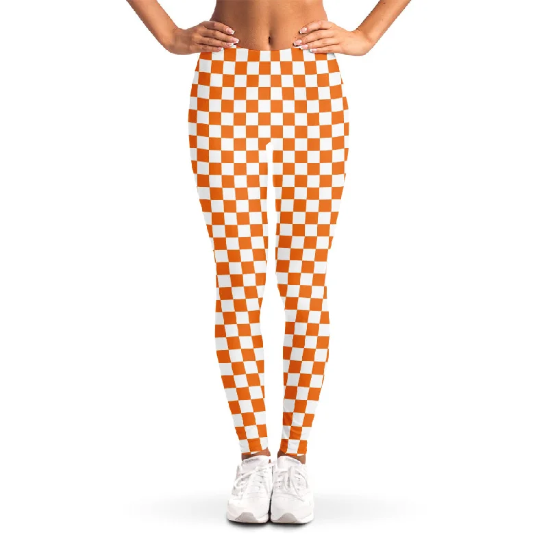 Orange And White Checkered Pattern Print Women's Leggings