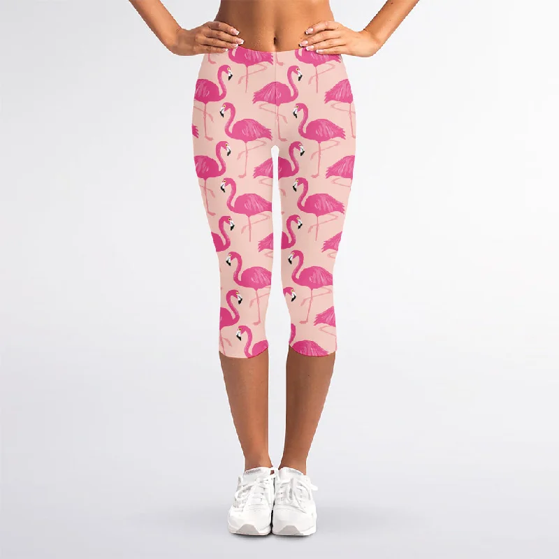 Pink Flamingo Pattern Print Women's Capri Leggings