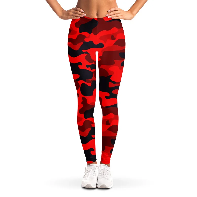 Red And Black Camouflage Print Women's Leggings Comfortable Bootcut Workout Leggings
