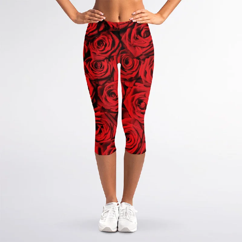 Red Rose Print Women's Capri Leggings