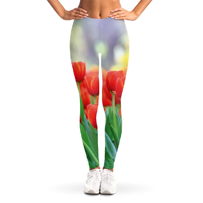 Red Tulip Print Women's Leggings