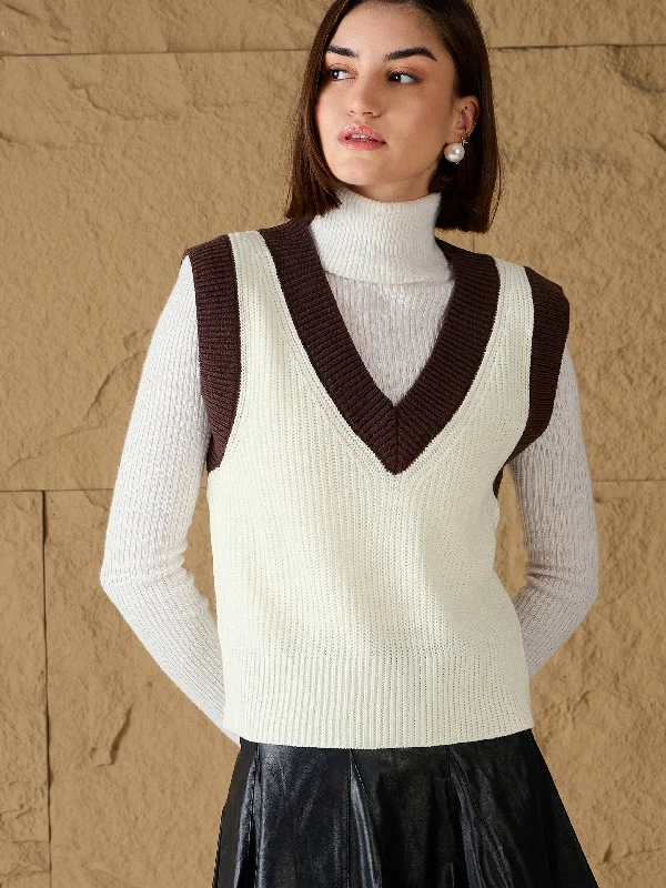 Women White & Brown Solid V-Neck Sweater Vest