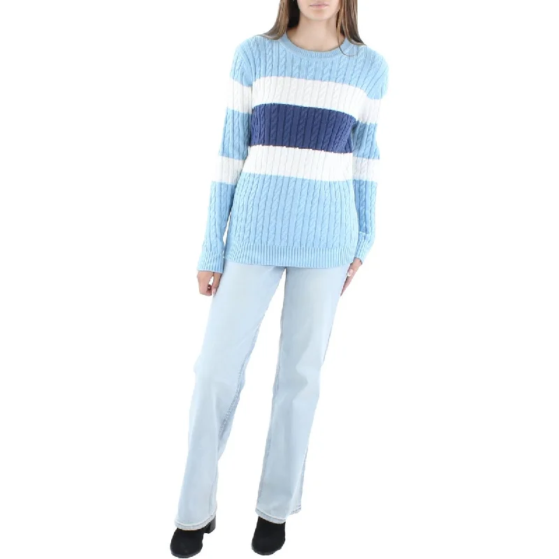 Tommy Hilfiger Womens Cable Knit Colorblock Crewneck Sweater Elasticated Padded Insulated