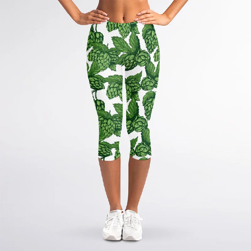 Vintage Hop Cone Pattern Print Women's Capri Leggings Trendy Side-Pocket Leggings