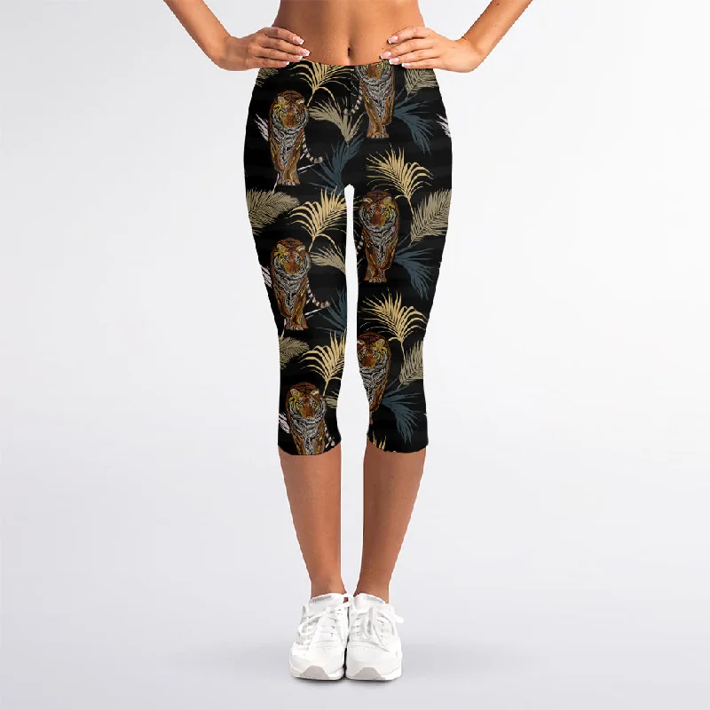 Vintage Tropical Tiger Pattern Print Women's Capri Leggings