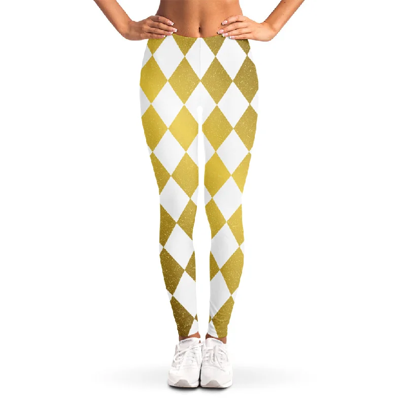 White And Gold Harlequin Pattern Print Women's Leggings