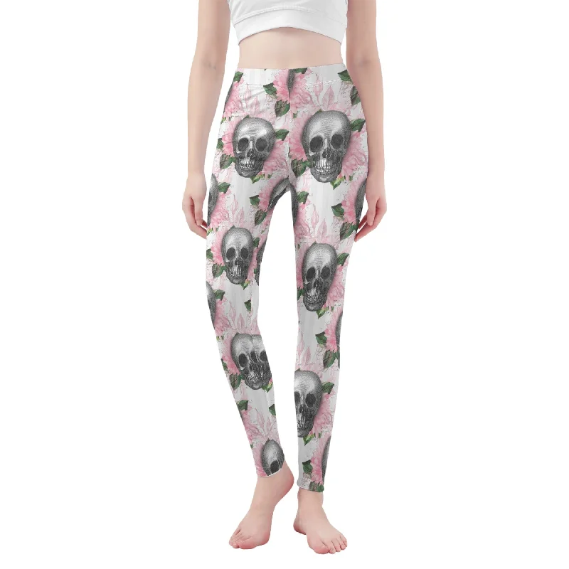 Women's Skulls Pink Floral Leggings Stylish Pockets Active Leggings