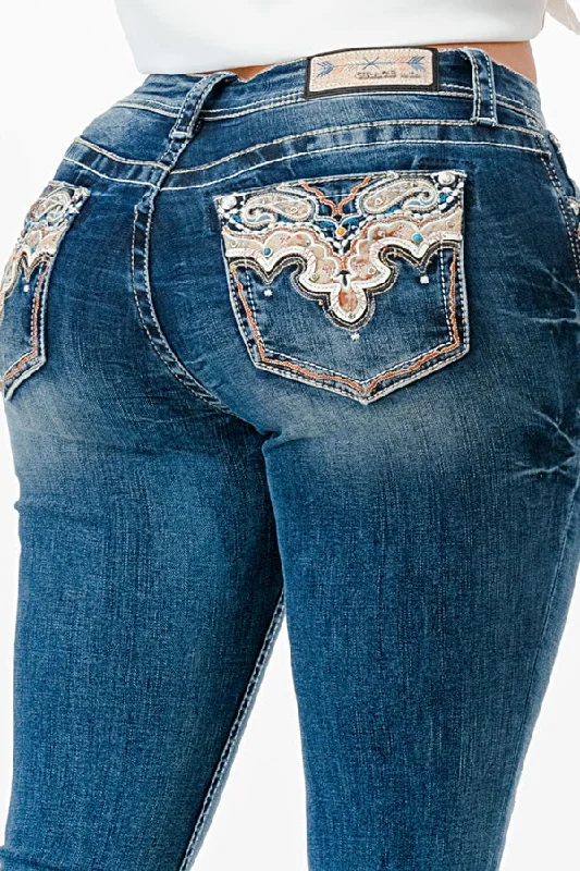 Aztec Embroidery Mid Rise  Bootcut Jeans