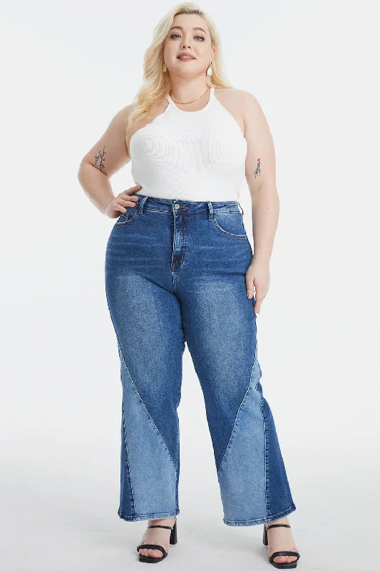 High Waist Two-Tones Patched Wide Leg Jeans