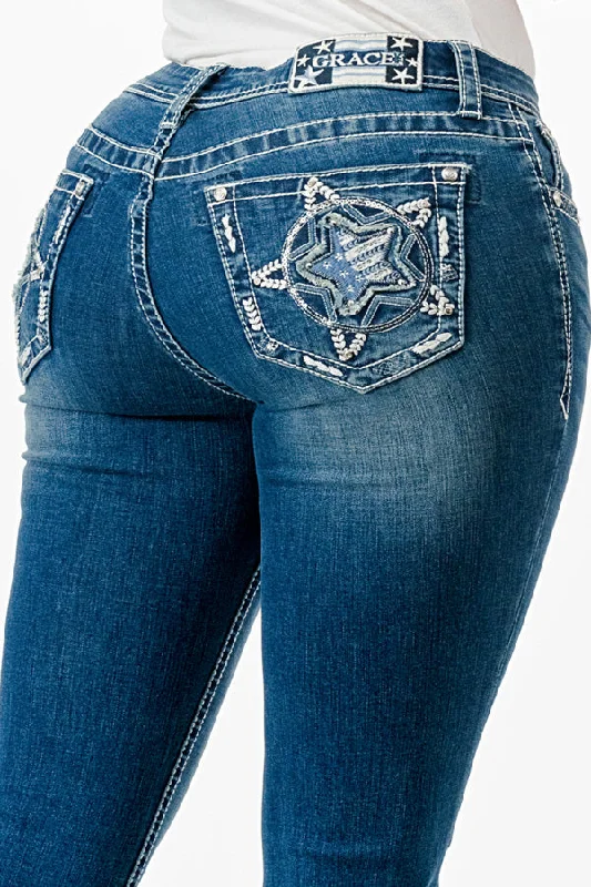 Star Embroidery Mid Rise  Bootcut Jeans