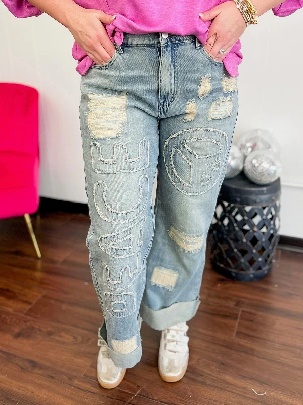 Free Bird Peace Jeans Comfortable Jogger Style Jeans