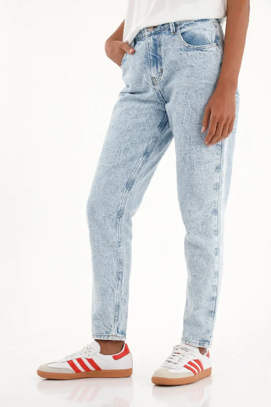 Women's high-waisted medium light wash mom jeans.