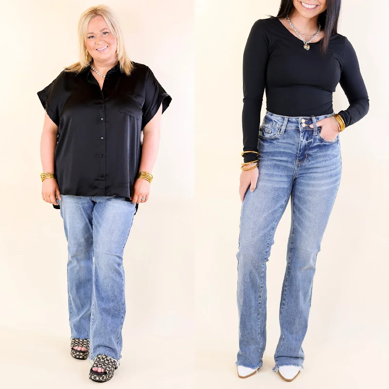 Judy Blue | Accordingly Adorable Double Button Bootcut Jeans with Raw Hem in Light Wash Chic Vintage-Inspired Denim Jeans Judy Blue | Accordingly Adorable Double Button Bootcut Jeans with Raw Hem in Light Wash Chic Vintage-Inspired Denim Jeans
