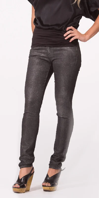 Metallic Coated Black Skinny Jeans Casual Light Wash Jeans