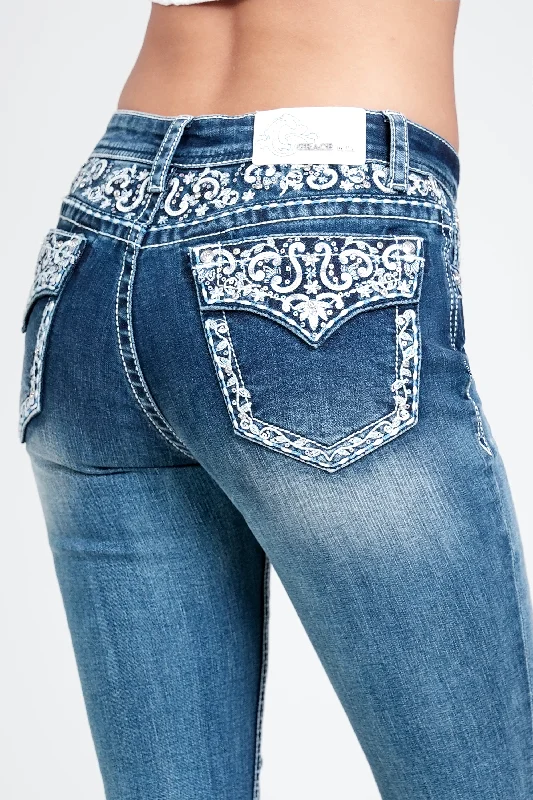 Western Embroidery Yoke Details Embellished Mid Rise Bootcut Jeans