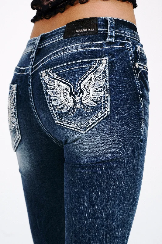 Wing Embroidery Mid Rise  Bootcut Jeans