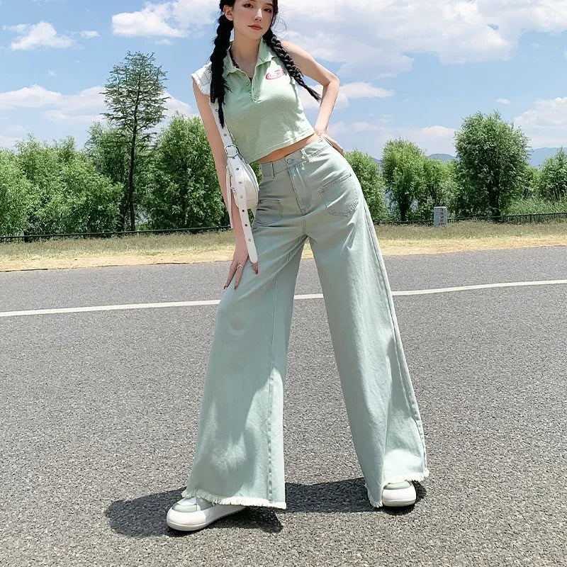 Vintage-Inspired Green Flare Jeans – High Waist Design