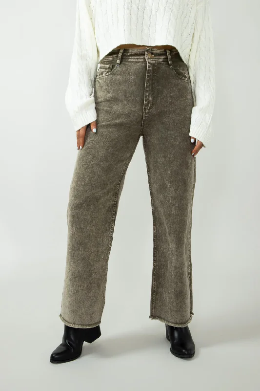 Washed Frayed Wide Leg Jeans for Women in Olive | NP70291-OLIVE Elegant Dark-Wash Bootcut Jeans Washed Frayed Wide Leg Jeans for Women in Olive | NP70291-OLIVE Elegant Dark-Wash Bootcut Jeans